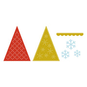 A set of holiday-themed craft templates on a plain white background, including a red triangle with a white dotted diamond pattern, a yellow triangle with a white dotted star pattern, a yellow scalloped strip, and three light blue snowflakes. Spellbinders Felt Festive Trees Etched Dies by Nichol Spohr