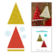 A collage showing Christmas tree-shaped fabric ornaments or craft pieces: two large flat designs, one mustard yellow with white snowflake motifs and one red with a diamond pattern and scalloped edge, plus two smaller photos showing the finished ornaments hanging on a wooden surface and a printed pattern/package insert. Spellbinders Felt Festive Trees Etched Dies by Nichol Spohr