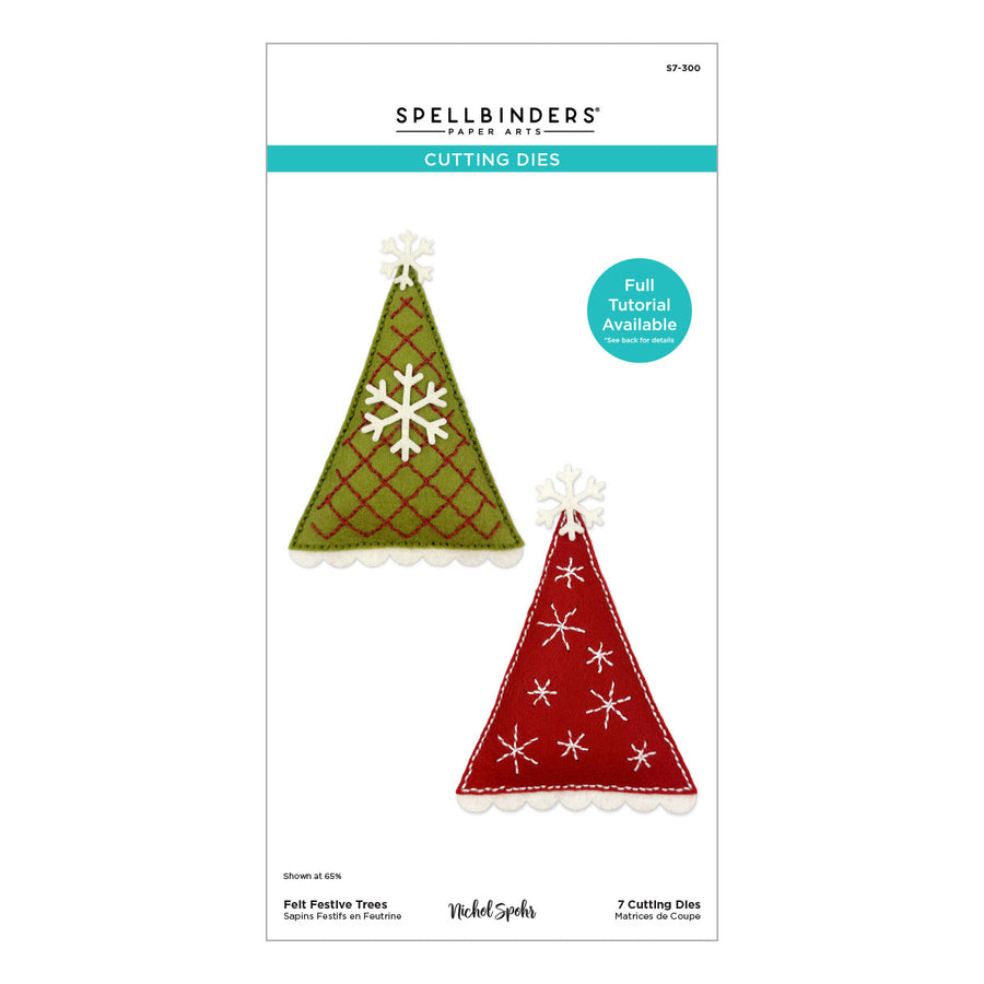 Spellbinders Paper Arts Cutting Dies sheet featuring two festive felt Christmas tree dies, one olive green with a white snowflake and diamond pattern, and one red with white snowflakes, on a white backing card. Spellbinders Felt Festive Trees Etched Dies by Nichol Spohr