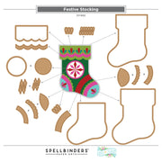 Festive stocking layout by Spellbinders Paper Arts, showing multiple brown cardboard-like pieces and templates around a colorful assembled stocking design on a white background. Spellbinders Festive Stocking Etched Dies by Lolli & Grace