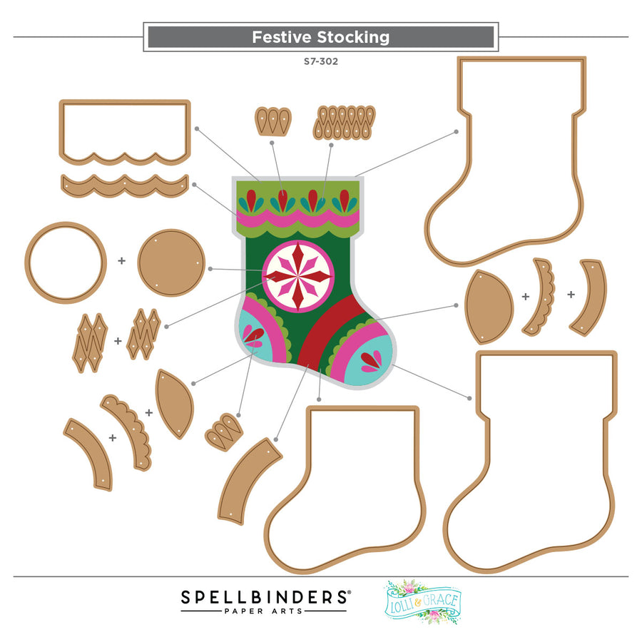 Festive stocking layout by Spellbinders Paper Arts, showing multiple brown cardboard-like pieces and templates around a colorful assembled stocking design on a white background. Spellbinders Festive Stocking Etched Dies by Lolli & Grace