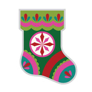 A festive Christmas stocking illustration with a white border, featuring a dark green body, pink and red patterns, teal accents, and a central snowflake motif on a plain white background. Spellbinders Festive Stocking Etched Dies by Lolli & Grace