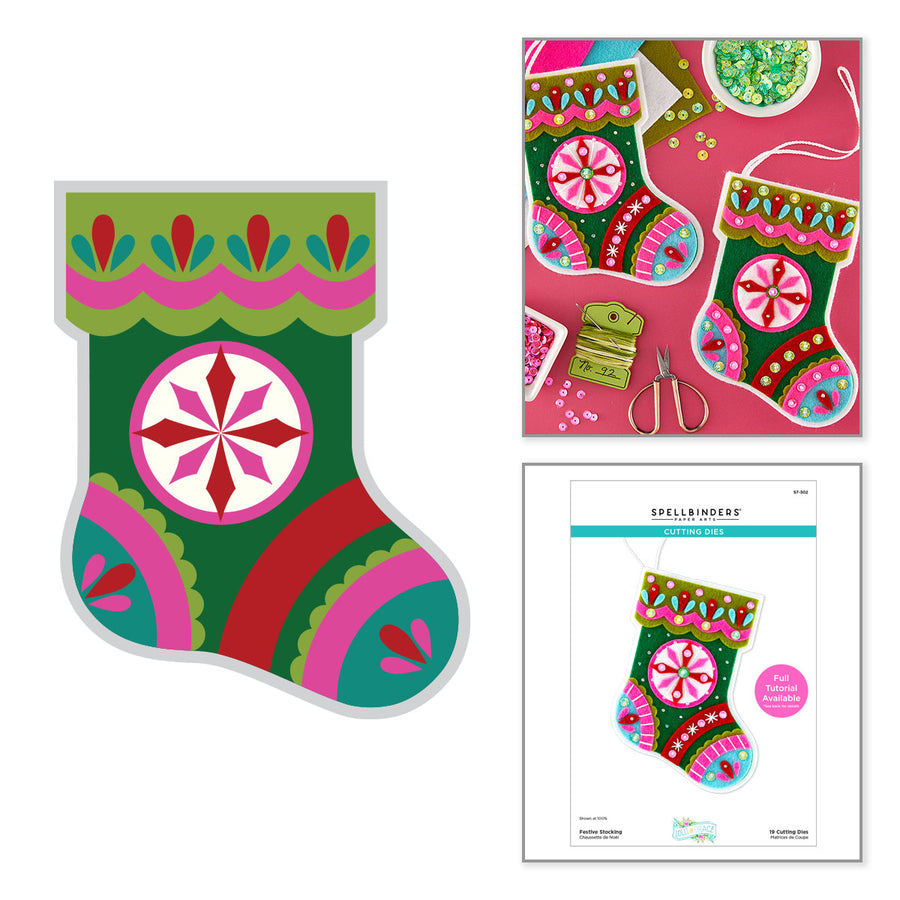 A Christmas stocking display on a white background, featuring a large outlined stocking design, a pink package insert with matching stockings, beads, ribbon, and scissors, and a printed kit booklet titled 'SPELLBINDERS'. Spellbinders Festive Stocking Etched Dies by Lolli & Grace