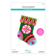 Spellbinders Paper Art Festive Stocking cutting dies package, featuring a colorful Christmas stocking design with green, pink, red, and blue patterns on a white card with a pink 'Full Tutorial Available' badge. Spellbinders Festive Stocking Etched Dies by Lolli & Grace
