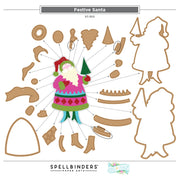 Festive Santa paper craft kit by Spellbinders, featuring a colorful assembled Santa figure in the center with multiple brown cardboard cutout pieces and silhouettes arranged around it on a white background. Spellbinders Festive Santa Etched Dies by Lolli & Grace