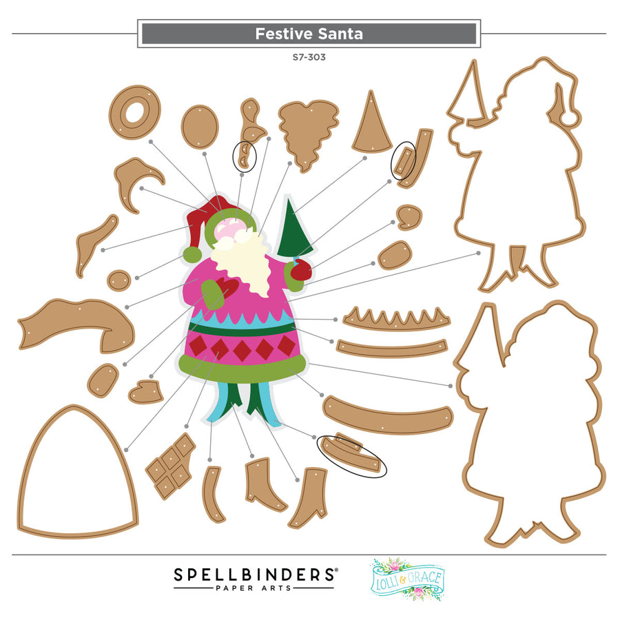 Festive Santa paper craft kit by Spellbinders, featuring a colorful assembled Santa figure in the center with multiple brown cardboard cutout pieces and silhouettes arranged around it on a white background. Spellbinders Festive Santa Etched Dies by Lolli & Grace