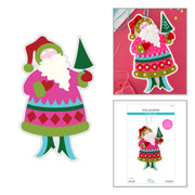 A festive Santa Claus shown on a white background, featuring a large assembled layered paper cutout of Santa holding a green Christmas tree, a smaller inset of the same design on pink craft paper, and the printed package insert at bottom right. The product appears to be a craft/paper-cutting kit rather than a standalone decorative hanging. Spellbinders Festive Santa Etched Dies by Lolli & Grace
