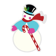 A stylized snowman illustration with a black top hat, green holly leaves, red scarf, light blue shirt, pink gloves, and a red-and-white candy cane, shown on a plain white background. Spellbinders Festive Snowman Etched Dies by Lolli & Grace