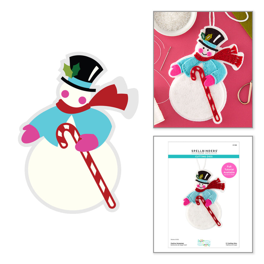 A snowman-themed crafting kit shown on a white background, with a large flat lay of the assembled snowman, a smaller inset photo of the finished product on a pink surface, and a package insert card reading Spellbinders. Spellbinders Festive Snowman Etched Dies by Lolli & Grace