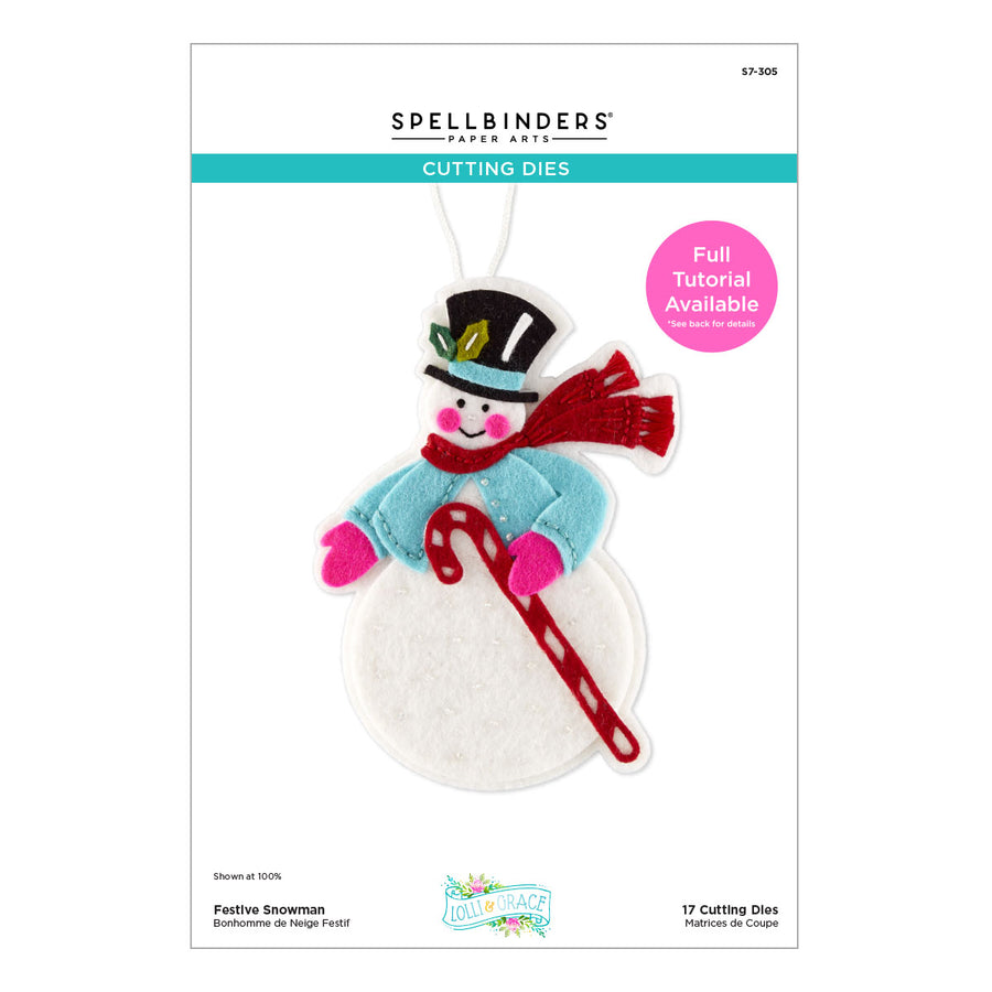 Spellbinders Festive Snowman Etched Dies by Lolli & Grace, featuring a felt snowman applique on its retail packaging card.
