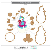 Spellbinders Paper Arts 'Festive Snowlady' digital template sheet showing a colorful paper craft design of a snowman with various brown paper cutout pieces arranged around a central character, on a white background with brand logos at the bottom.