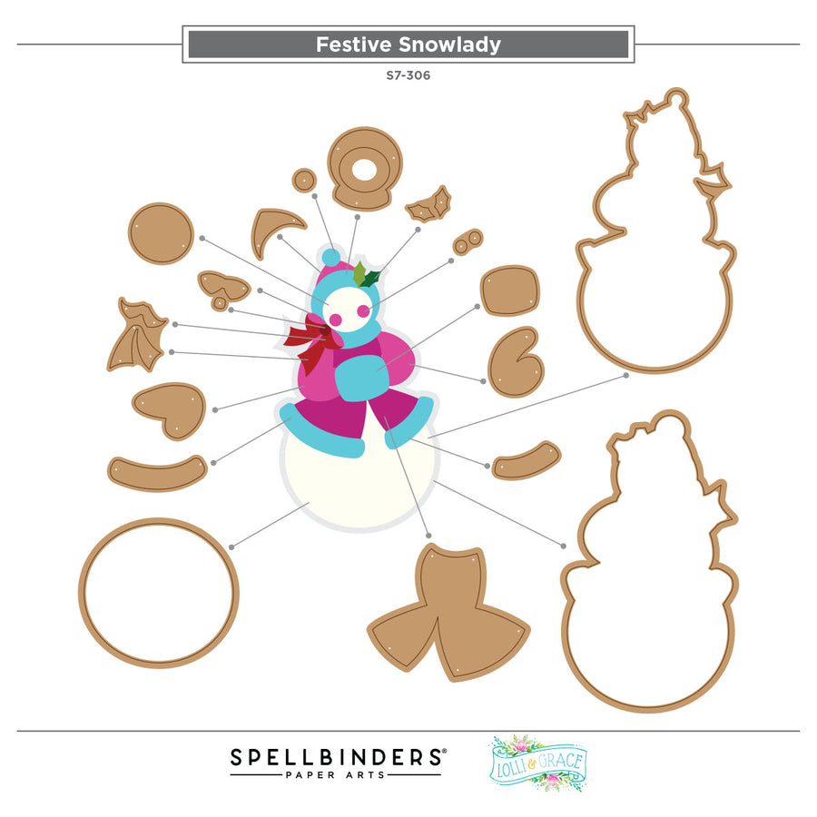 Spellbinders Paper Arts 'Festive Snowlady' digital template sheet showing a colorful paper craft design of a snowman with various brown paper cutout pieces arranged around a central character, on a white background with brand logos at the bottom.