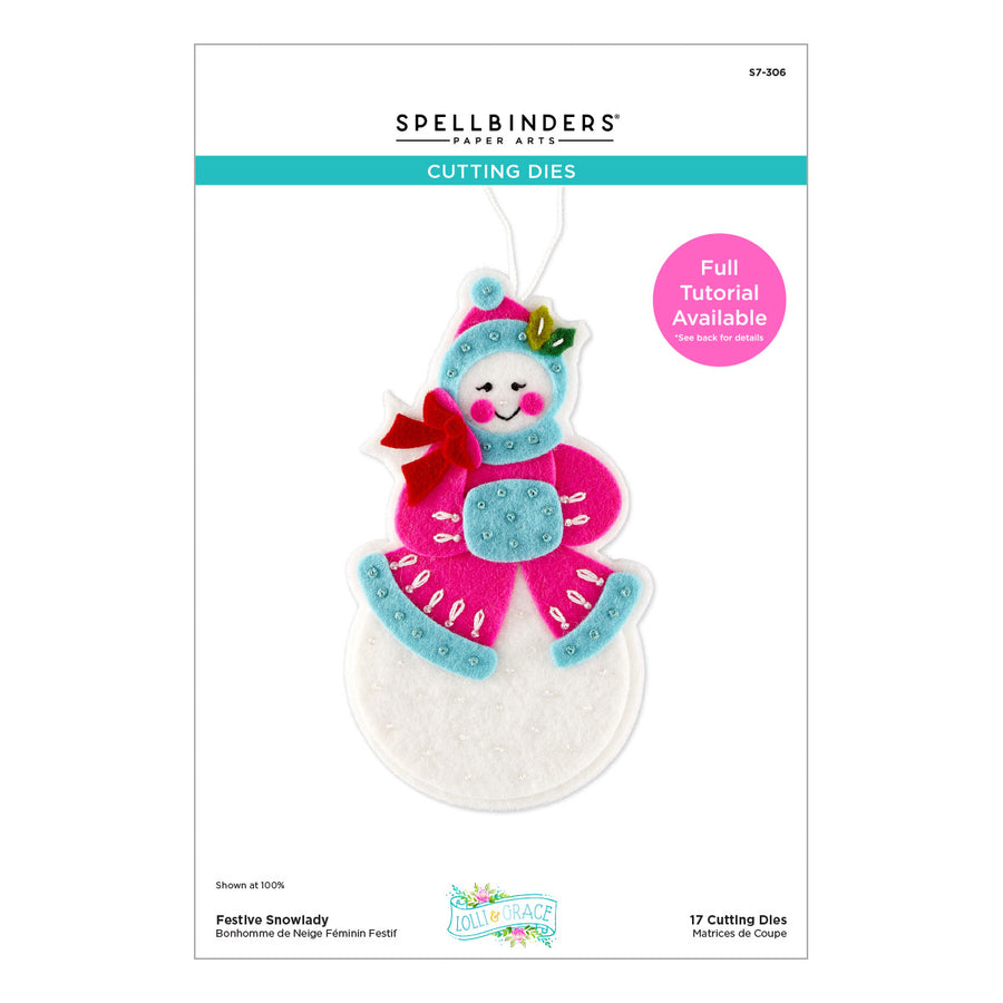 Spellbinders Festive Snowlady Etched Dies by Lolli & Grace, featuring a felt snowlady ornament on its product packaging card.