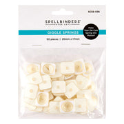A package of Spellbinders Paper Arts Giggle Springs, containing 50 off-white plastic spring pieces in a clear plastic bag with a white and teal header card.