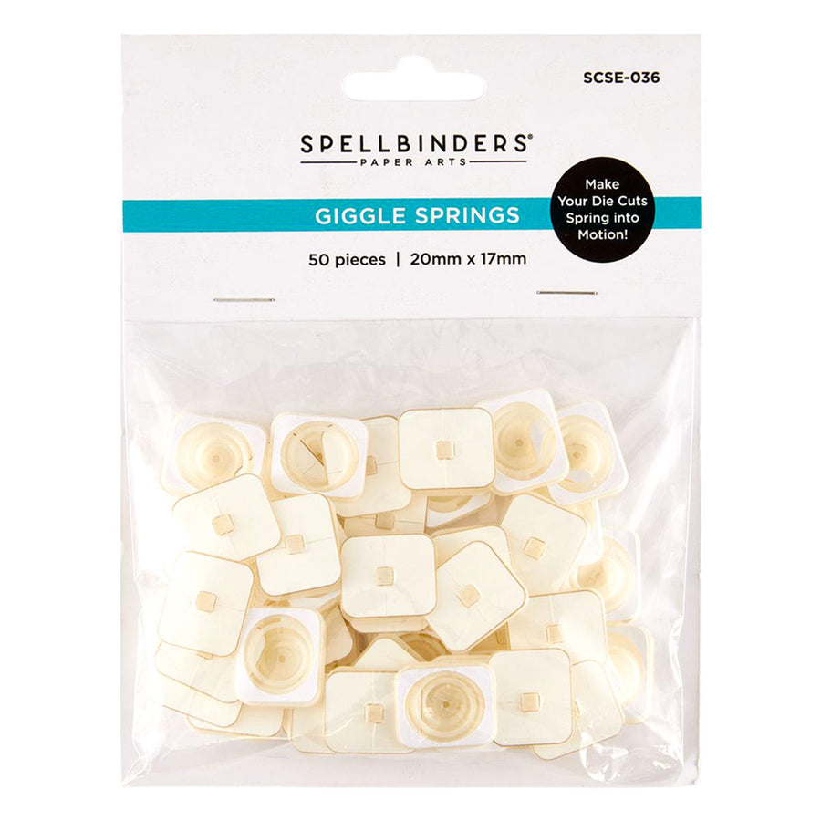 A package of Spellbinders Paper Arts Giggle Springs, containing 50 off-white plastic spring pieces in a clear plastic bag with a white and teal header card.