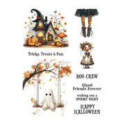 Halloween-themed decorative graphic with illustrated elements and text: a haunted house with pumpkins and a witch hat, striped stockings and a ghost doll, a ghost on a swing, and phrases including 'Tricks, Treats & Fun', 'BOO CREW', 'Ghoul Friends Forever', 'wishing you a SPOOKY NIGHT', and 'HAPPY HALLOWEEN' on a white background. Part of Spellbinders Tricks & Treats Rub-On Sheets