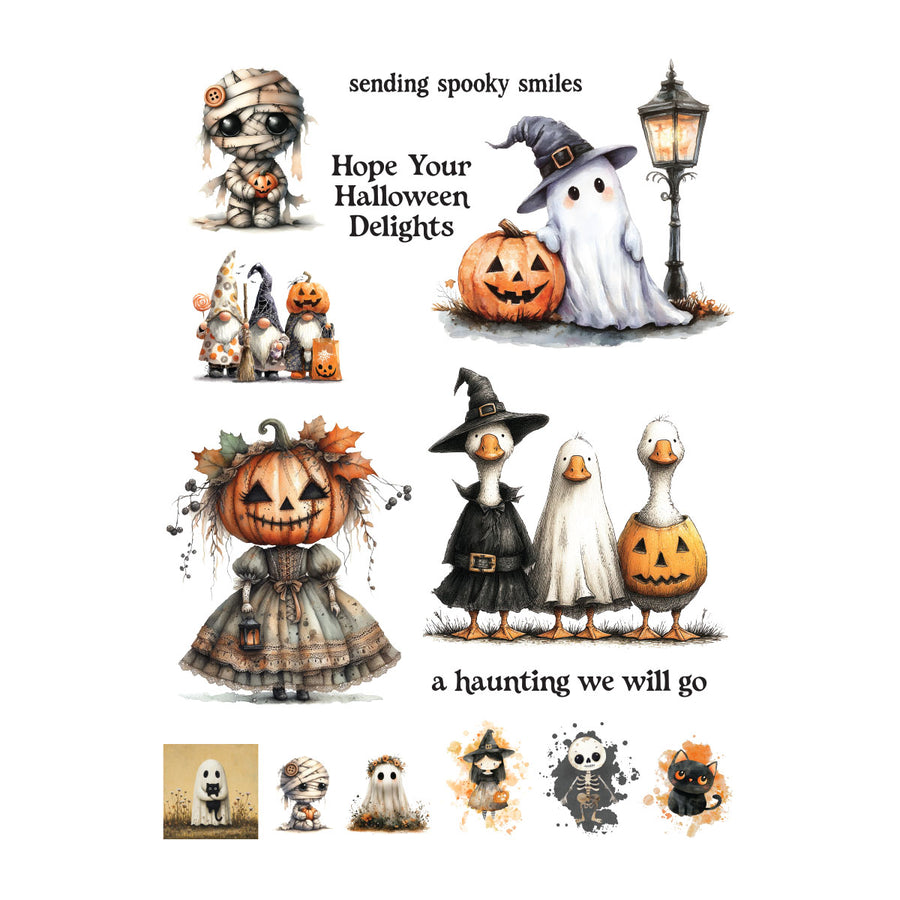 A sheet of watercolor-style Halloween illustrations on a white background, featuring cartoon mummies, ghosts, pumpkins, witch hats, ducks, and decorative text including 'sending spooky smiles', 'Hope Your Halloween Delights', and 'a haunting we will go'. Part of Spellbinders Tricks & Treats Rub-On Sheets