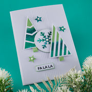 Christmas-themed card with trees, snowflake, and 'FA LA LA' text on a teal background.