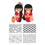 A digital graphic design sheet featuring two cute cartoon girls in traditional Japanese attire, one holding an orange lantern, above four black and white floral pattern swatches on a white background. Spellbinders Autumn Kokeshi Dolls Stamp & Die Set by Alex Syberia