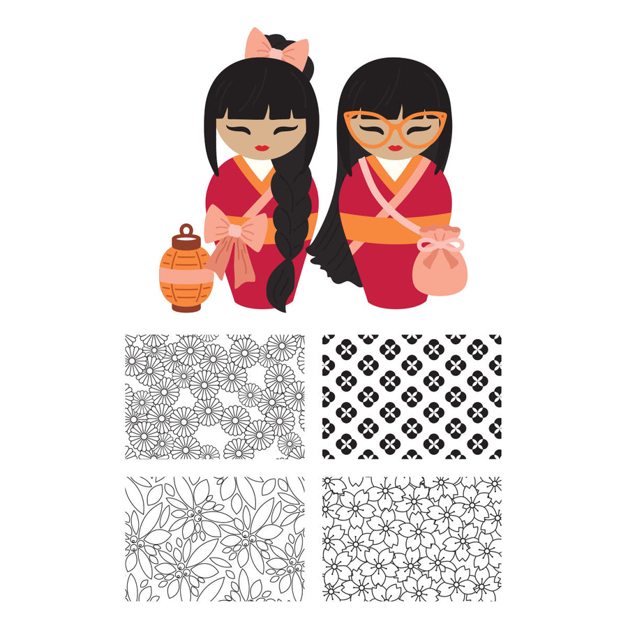 A digital graphic design sheet featuring two cute cartoon girls in traditional Japanese attire, one holding an orange lantern, above four black and white floral pattern swatches on a white background. Spellbinders Autumn Kokeshi Dolls Stamp & Die Set by Alex Syberia