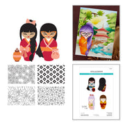 A collage showing a Japanese-themed craft kit or art print set: two cartoon doll illustrations in red and orange robes, four black-and-white floral pattern swatches, a framed colorful illustration with a purple-haired figure, and a printed sheet titled Spellbinders with additional doll designs. Spellbinders Autumn Kokeshi Dolls Stamp & Die Set by Alex Syberia