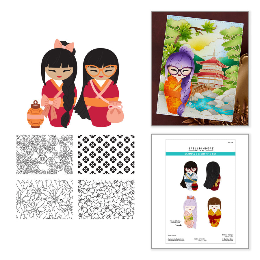 A collage showing a Japanese-themed craft kit or art print set: two cartoon doll illustrations in red and orange robes, four black-and-white floral pattern swatches, a framed colorful illustration with a purple-haired figure, and a printed sheet titled Spellbinders with additional doll designs. Spellbinders Autumn Kokeshi Dolls Stamp & Die Set by Alex Syberia