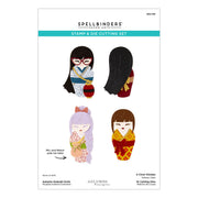 Spellbinders Alex Sybera Autumn Kokushii Dolls Stamp & Die Cutting Set package, featuring four illustrated dolls and a teal title banner on a white background.