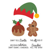 A festive holiday graphic on a white background featuring a green and red elf hat above a Christmas pudding and a gingerbread man snack, with humorous text below. Spellbinders Merry Munchies Stamp & Die Set