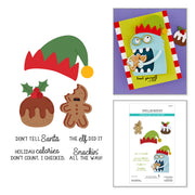 A collage showing Christmas-themed craft elements and a finished card: a green and red elf hat, a gingerbread figure, a pudding, and printed phrases, alongside a sample card and a sheet labeled Spellbinders Merry Munchies Stamp & Die Set