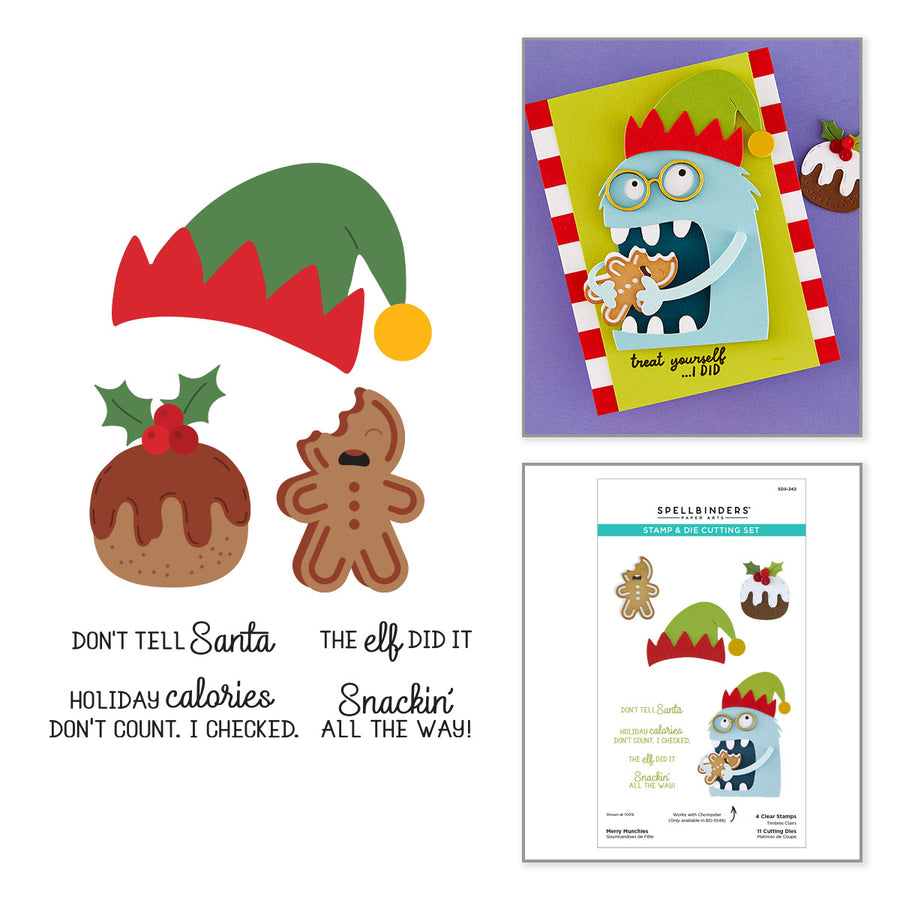 A collage showing Christmas-themed craft elements and a finished card: a green and red elf hat, a gingerbread figure, a pudding, and printed phrases, alongside a sample card and a sheet labeled Spellbinders Merry Munchies Stamp & Die Set