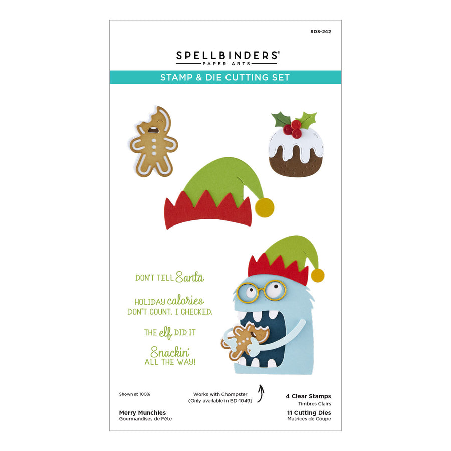 Spellbinders Merry Munchies Stamp & Die Set featuring a festive Christmas theme with a gingerbread cookie, pudding, and an elf character. The packaging displays the product's branding, design elements, and specifications for 4 clear stamps and 11 cutting dies.