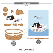 Spellbinders 'Snow Done' paper craft design sheet (SDS-243) featuring a penguin illustration, die-cut shapes, a basket template, and assembly instructions on a white background.