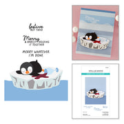 A collage showing a penguin craft design with a large illustrated penguin on an iceberg and text, plus two smaller product views: a finished card or sticker sheet with the same penguin scene on a pink background, and a Spellbinders stamp & die crafting set package insert. Spellbinders Snow Done Stamp & Die Set