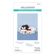 Spellbinders Stamp & Die Cutting Set package for 'Snow Done', featuring a penguin in a snowy basket on a light blue background with product details and three clear stamps.