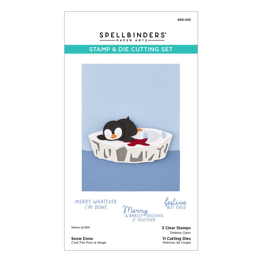 Spellbinders Stamp & Die Cutting Set package for 'Snow Done', featuring a penguin in a snowy basket on a light blue background with product details and three clear stamps.
