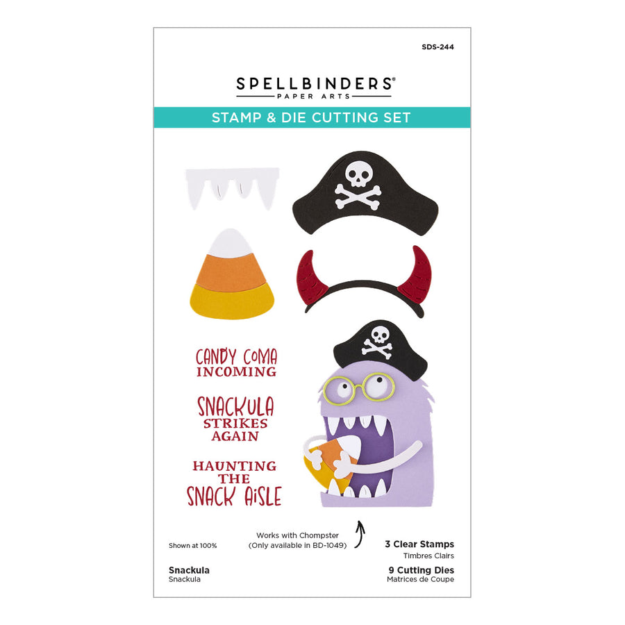 Spellbinders Snackula Stamp & Die Sett package, featuring pirate hat, candy corn, horn, and snackula illustrations on a white card with product text and item numbers.