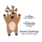 A cartoon Christmas ornament or sticker design featuring a surprised brown reindeer with raised paws and three lines of black handwritten-style text on a white background. Spellbinders Rein It In Stamp & Die Set