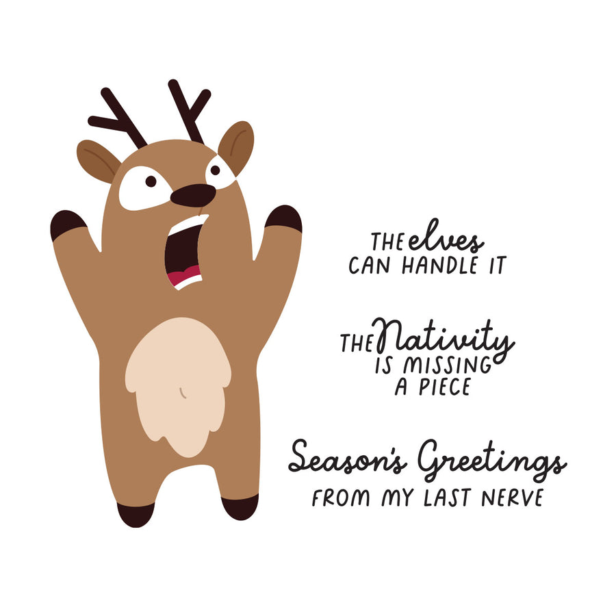A cartoon Christmas ornament or sticker design featuring a surprised brown reindeer with raised paws and three lines of black handwritten-style text on a white background. Spellbinders Rein It In Stamp & Die Set
