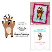 A collage showing a cartoon reindeer stamp design, a finished greeting card with the reindeer, and the Spellbinders Stamp & Die Cutting Set package. The reindeer illustration appears in brown and tan with black antlers and text reading 'The Elf can handle it,' 'The Nativity is missing a piece,' and 'Season's Greetings from my last nerve. Spellbinders Rein It In Stamp & Die Set
