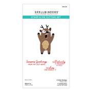 Spellbinders Rein It In Stamp & Die Setpackage, featuring a cartoon reindeer illustration and red text stamps on a white background.