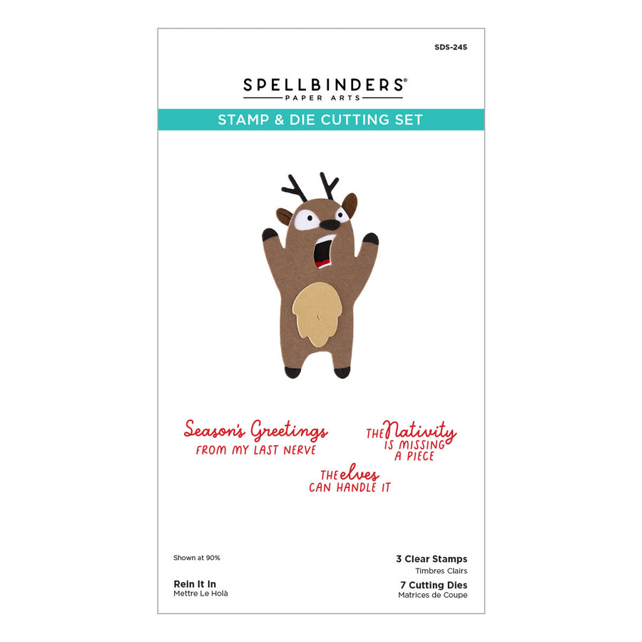 Spellbinders Rein It In Stamp & Die Setpackage, featuring a cartoon reindeer illustration and red text stamps on a white background.