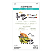 Spellbinders Deck the Dumpster Stamp & Die Set package, featuring a white background with colorful illustrations of woodland animals, a banana, string lights, and a dump truck, plus product text and codes.