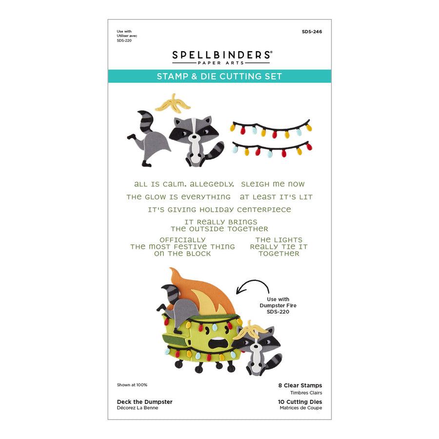 Spellbinders Deck the Dumpster Stamp & Die Set package, featuring a white background with colorful illustrations of woodland animals, a banana, string lights, and a dump truck, plus product text and codes.