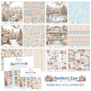 A collage showing multiple printed paper designs and pattern sheets from Snowberry Lane, featuring winter scenes, floral patterns, stripes, snowflakes, and decorative labels. The bottom text reads 'Snowberry Lane DESIGNS IN 12 x 12 & 8 x 8 PAPER SETS'.