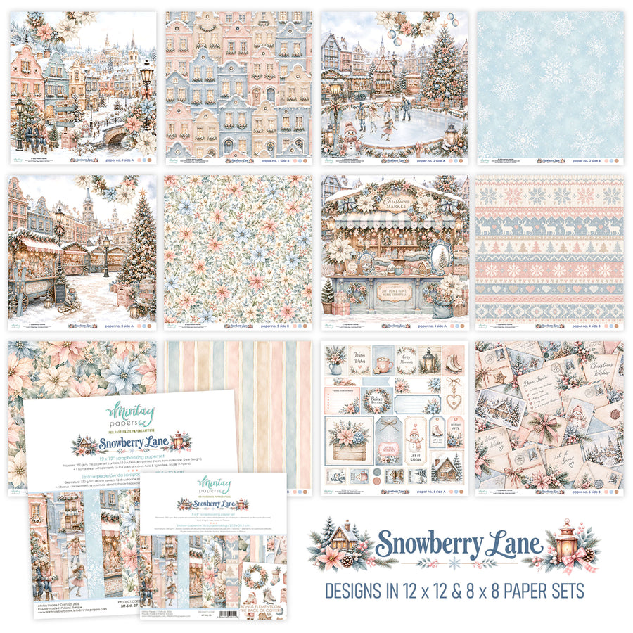 A collage showing multiple printed paper designs and pattern sheets from Snowberry Lane, featuring winter scenes, floral patterns, stripes, snowflakes, and decorative labels. The bottom text reads 'Snowberry Lane DESIGNS IN 12 x 12 & 8 x 8 PAPER SETS'.