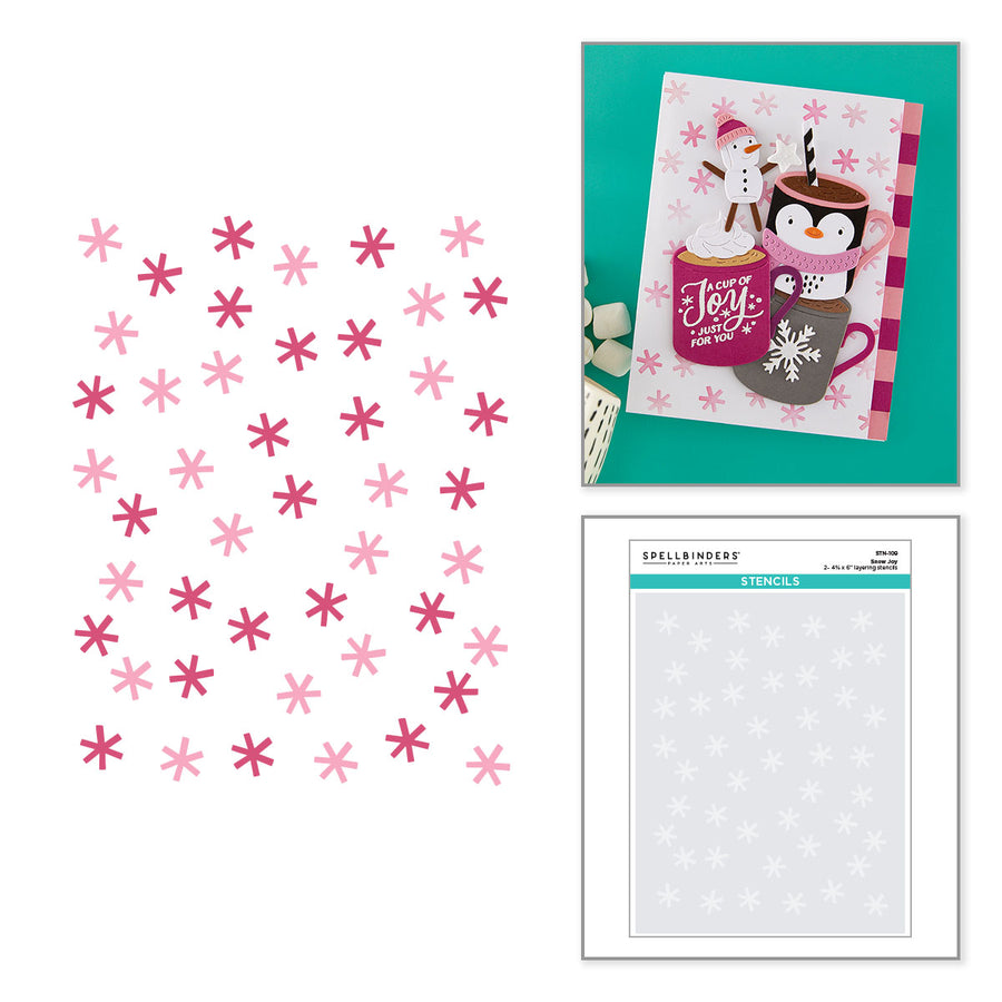 A sheet of die-cut paper snowflakes in pink and magenta tones displayed next to a card featuring a penguin and hot cocoa, and a package of Spellbindest Snowflakes die-cut paper. Spellbinders Snow Joy Stencil
