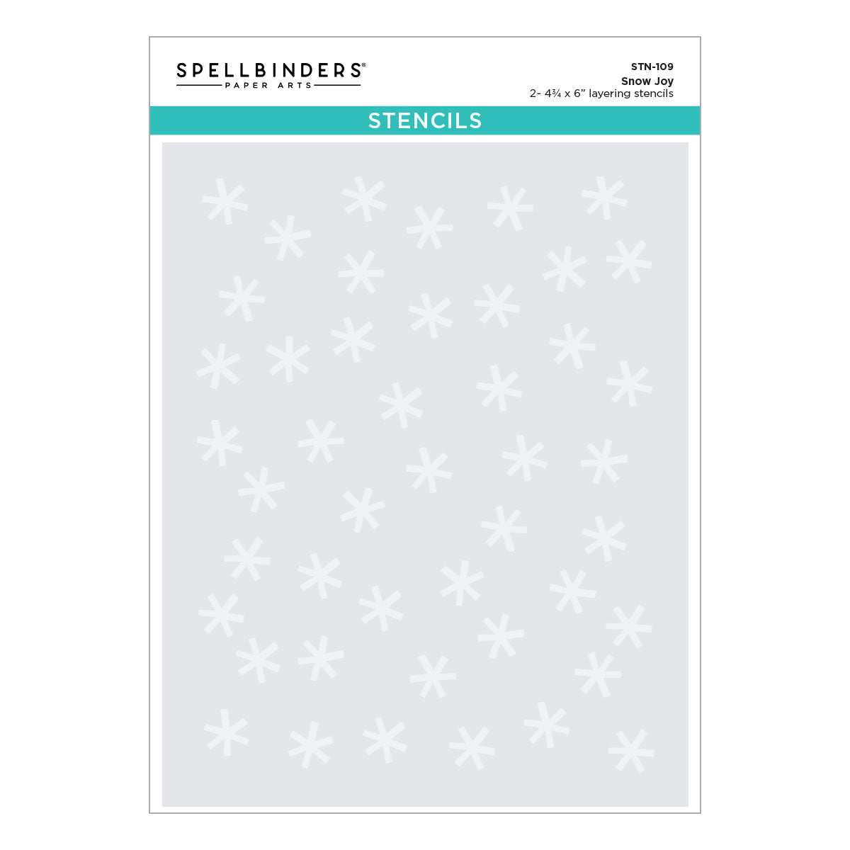 Spellbinders Paper Artie 'Snow Joy' 2x4x4" stencils sheet, featuring a light gray background with white snowflake patterns and a teal header band.