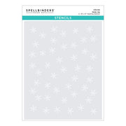 Spellbinders Paper Artie 'Snow Joy' 2x4x4" stencils sheet, featuring a light gray background with white snowflake patterns and a teal header band.