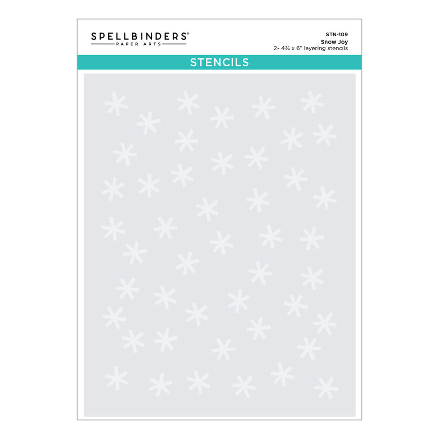 Spellbinders Paper Artie 'Snow Joy' 2x4x4" stencils sheet, featuring a light gray background with white snowflake patterns and a teal header band.