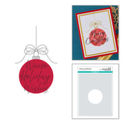 A holiday-themed craft press and foil plate shown on a white background, including a red ornament die design with the words 'Warm Holiday Wishes,' a finished stamped card featuring a red ornament and 'Merry Christmas' script, and a sheet of stamps.